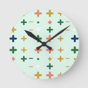 Reloj Redondo Mediano Signos Más Divertidos Patrón Geométrico Retro