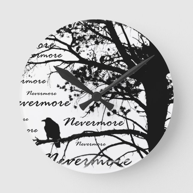 Reloj Redondo Mediano Silhouette de Black & White Nevermore Raven (Anverso)