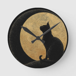Reloj Redondo Mediano Silhouette de gato negro contra una luna de oro