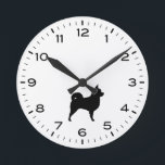 Reloj Redondo Mediano Silhouette de perro chihuahua de cabello largo<br><div class="desc">Un divertido reloj de pared para la casa o la oficina. Hace un regalo original para los amantes del Chihuahua. Echa un vistazo al Doodle World de Jenn para ver más relojes decorativos y decoración de casa con temática de raza de perro.</div>