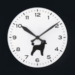 Reloj Redondo Mediano Silhouette Toy Poodle Black and White<br><div class="desc">Un divertido reloj de pared para la casa o la oficina. Hace un regalo original para los amantes del juguete. Echa un vistazo al Doodle World de Jenn para ver más relojes decorativos y decoración de casa con temática de raza de perro.</div>