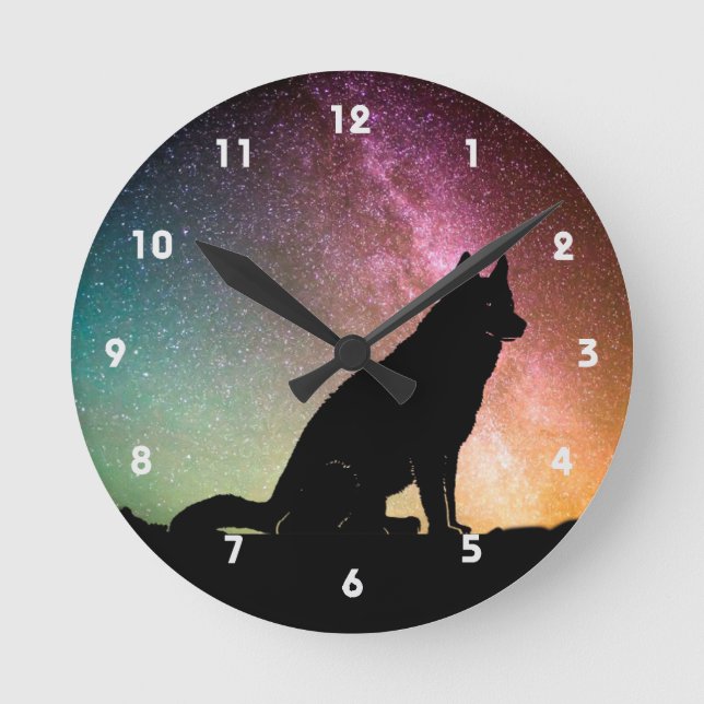 Reloj Redondo Mediano Silhouette Wolf con luces boreales (Anverso)