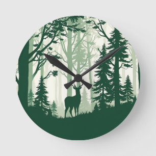 Reloj Redondo Mediano Silueta de bosque de ciervos Escena de la naturale