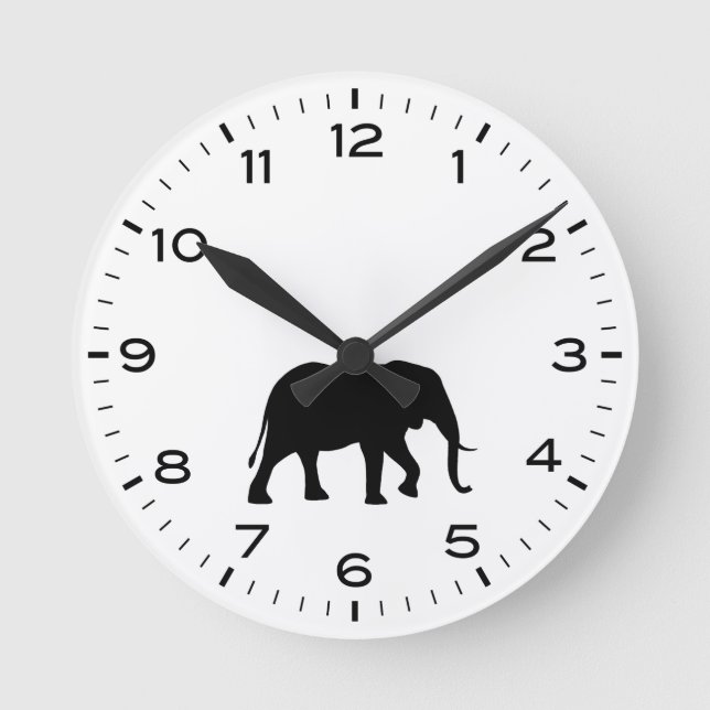 Reloj Redondo Mediano Silueta de elefante africano en blanco y negro (Anverso)