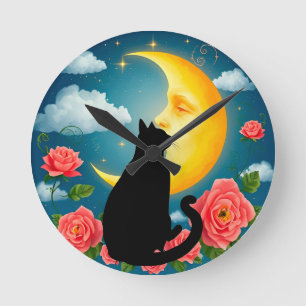 Reloj Redondo Mediano Silueta de gato sentado ante la luna