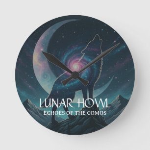 Reloj Redondo Mediano Silueta de Lobo Galáctico con Luna (SIN NÚMEROS)
