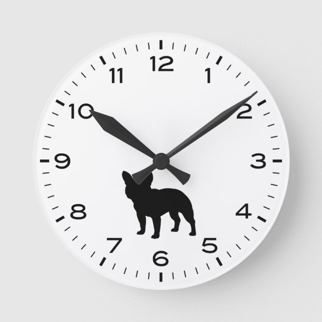 Reloj Redondo Mediano Silueta de perro de Bulldog francés negro y blanco (Anverso)