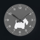 Reloj Redondo Mediano Silueta de perro escocés blanco<br><div class="desc">Un divertido reloj de pared de Scottish Terrier para la casa o la oficina. Hace un regalo original para los amantes del perro escocés. Echa un vistazo al Doodle World de Jenn para ver más relojes decorativos y decoración de casa con temática de raza de perro.</div>
