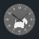 Reloj Redondo Mediano Silueta de perro escocés blanco<br><div class="desc">Un divertido reloj de pared de Scottish Terrier para la casa o la oficina. Hace un regalo original para los amantes del perro escocés. Echa un vistazo al Doodle World de Jenn para ver más relojes decorativos y decoración de casa con temática de raza de perro.</div>