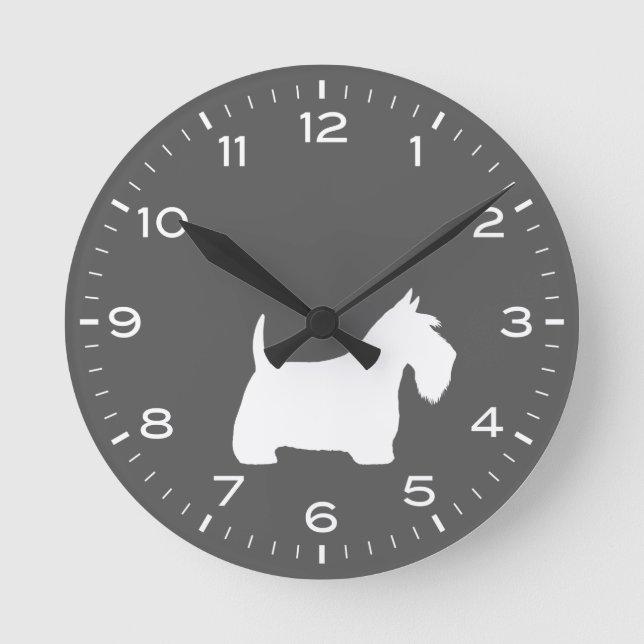 Reloj Redondo Mediano Silueta de perro escocés blanco (Anverso)