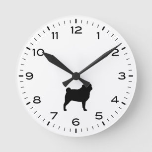 Reloj Redondo Mediano Silueta de perro Pug en blanco y negro