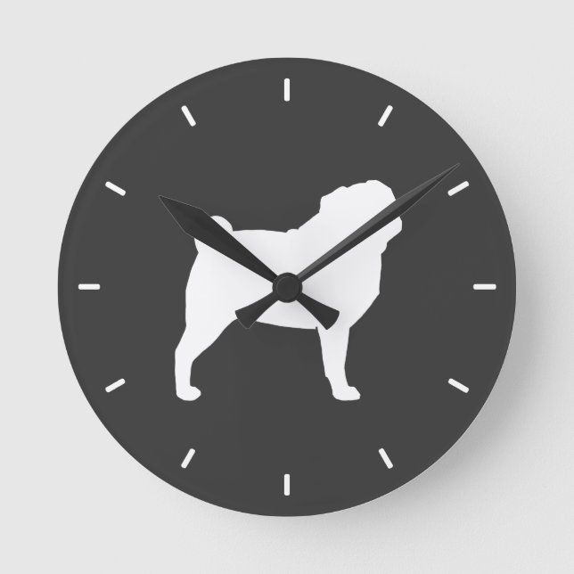 Reloj Redondo Mediano Silueta de Pug Blanco (Anverso)