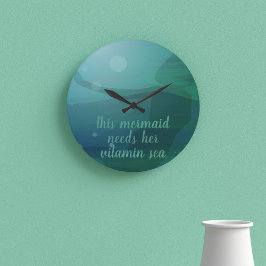 Reloj Redondo Mediano Silueta de sirena azul verdoso olas del océano cit