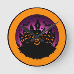 Reloj Redondo Mediano Silueta espeluznante de Halloween de un castillo e