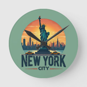 Reloj Redondo Mediano Silueta retro de Nueva York con Estatua de la Libe