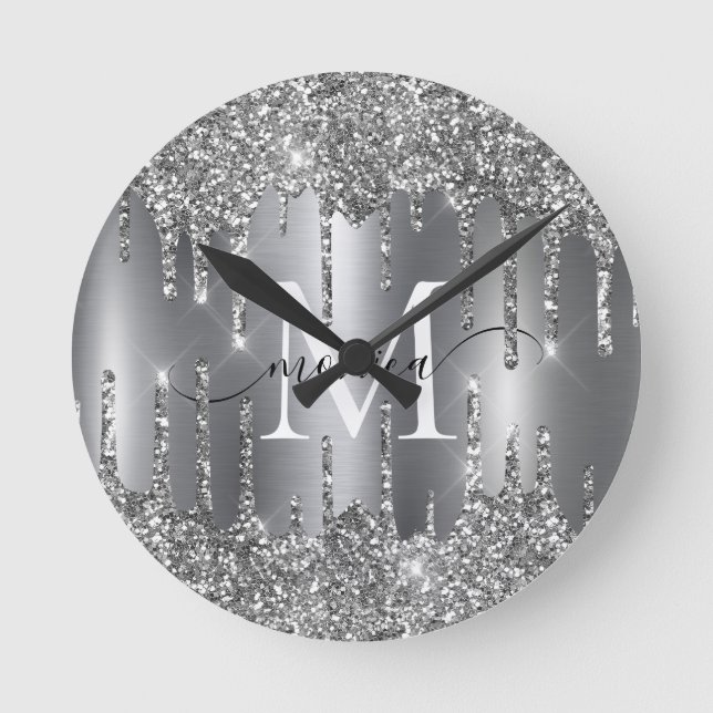 Reloj Redondo Mediano Silver Glitter Drips Monogram Personalized Wall (Anverso)