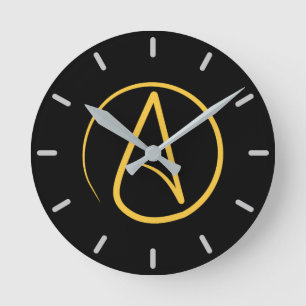 Reloj Redondo Mediano Símbolo ateo: amarillo sobre negro