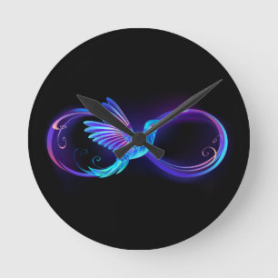 Reloj Redondo Mediano Símbolo de infinito neón con colibrí brillante