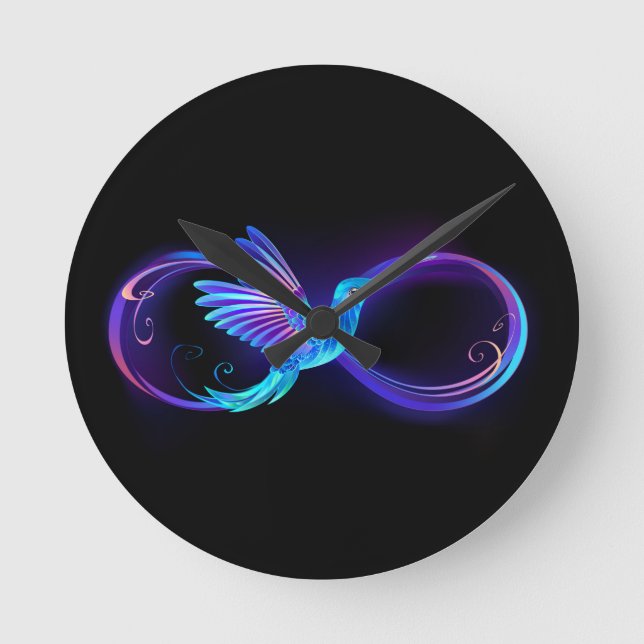 Reloj Redondo Mediano Símbolo de infinito neón con colibrí brillante (Anverso)
