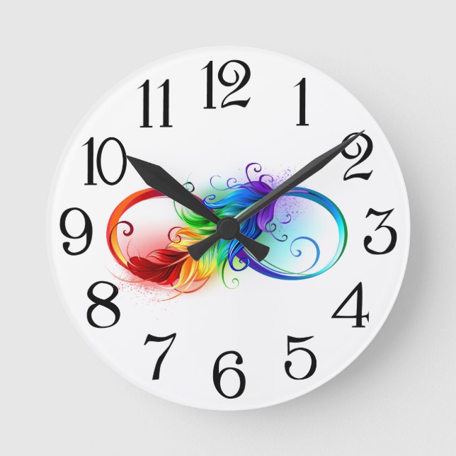 Reloj Redondo Mediano Símbolo infinito con plumas arcoiris (Anverso)
