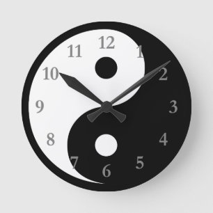 Reloj Redondo Mediano Símbolo Yin Yang Blanco/Negro con Números Grises
