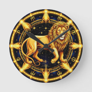 Reloj Redondo Mediano Símbolo zodiacal de Leo sobre fondo estrellado cel