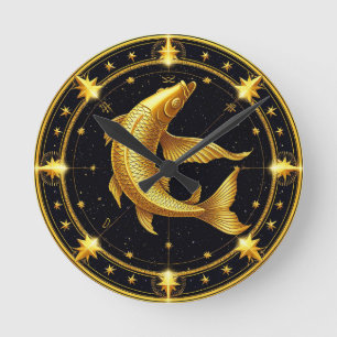 Reloj Redondo Mediano Símbolo zodiacal de Piscis dorado rodeado de estre