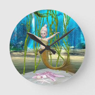Reloj Redondo Mediano Sirena Pequeña Fantasía Niña, Océano Azul