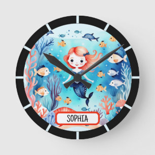 Reloj Redondo Mediano Sirena Pequeña y Linda Bajo el Mar Personalizado