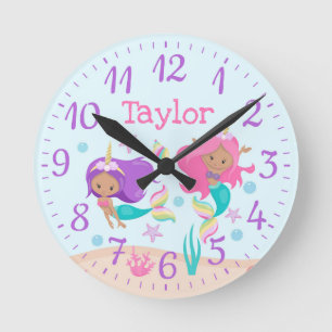 Reloj Redondo Mediano Sirenas Unicornio Niños Guardería Tono de Piel Med