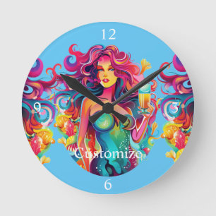 Reloj Redondo Mediano Sirenita de cabello arcoiris con cóctel