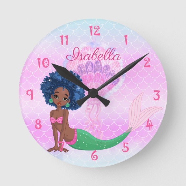 Reloj Redondo Mediano Sirenita negra personalizada (Anverso)