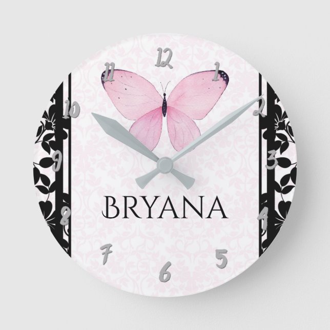 Reloj Redondo Mediano Sitio rosado y negro del cuarto de niños de la (Anverso)