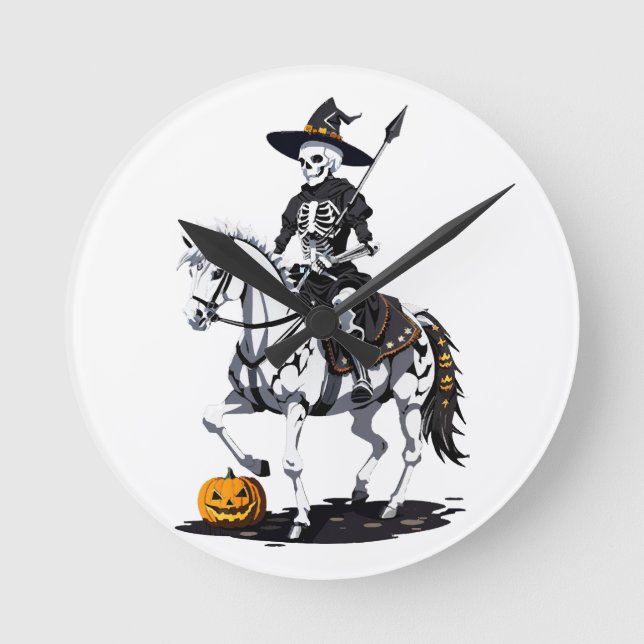 Reloj Redondo Mediano Skeleton Horse Rider - Escaparate de Halloween (Anverso)