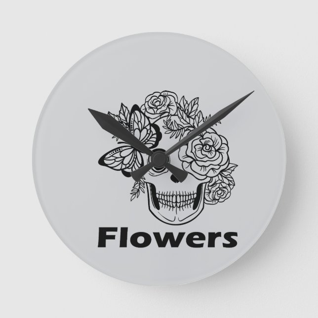 Reloj Redondo Mediano Skull and Flowers black and white (Anverso)