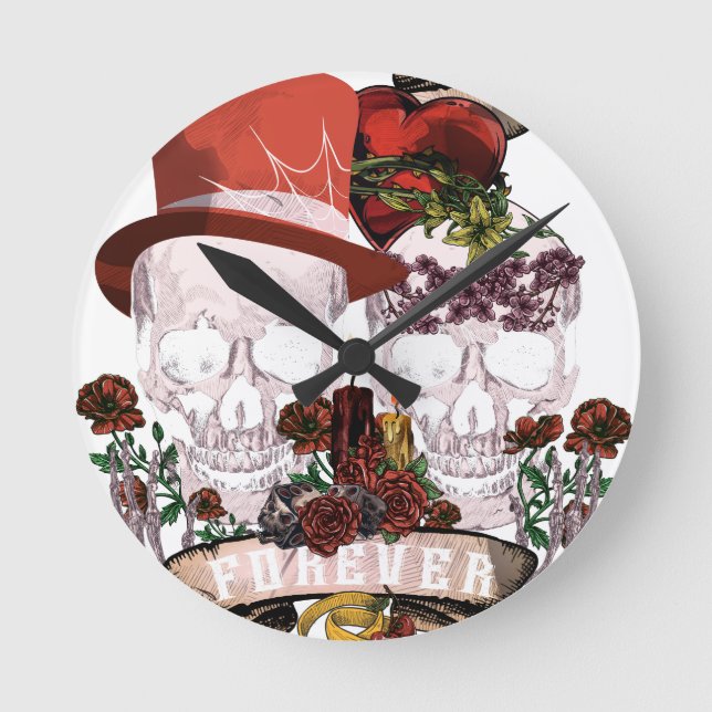 Reloj Redondo Mediano Skull Love Marriage Skeleton Pareja (Anverso)
