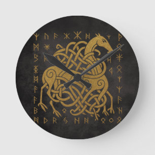 Reloj Redondo Mediano Sleipnir, Caballo Nórdico Dorado con Símbolo de Ru