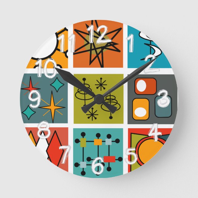 Reloj Redondo Mediano Smorgasbord moderno de mediados del siglo (Anverso)