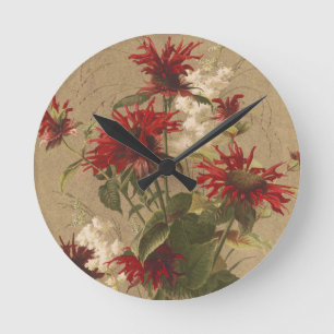 Reloj Redondo Mediano Sofisticada Floral Roja y Burgundy Contra Beige