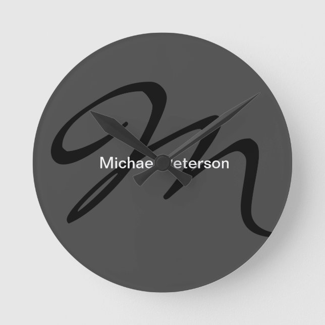 Reloj Redondo Mediano Sofisticado guión Monograma Gris moderno inicial (Anverso)