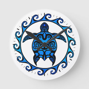 Reloj Redondo Mediano Sol azul de tortuga tribal