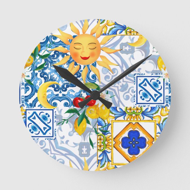Reloj Redondo Mediano Sol siciliano, limón,majolica,Table Runner (Anverso)