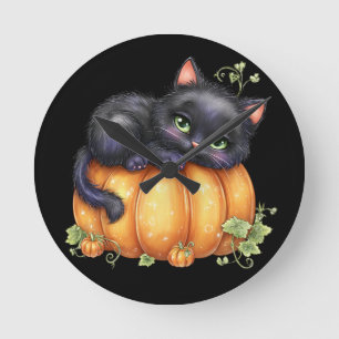 Reloj Redondo Mediano Solo colgando, gatito descansando en calabaza