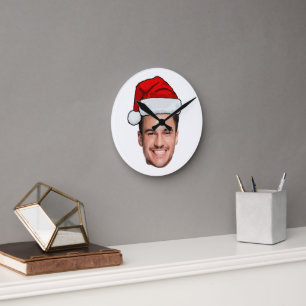 Reloj Redondo Mediano Sombrero de Santa Foto de Cara Personalizada Navid