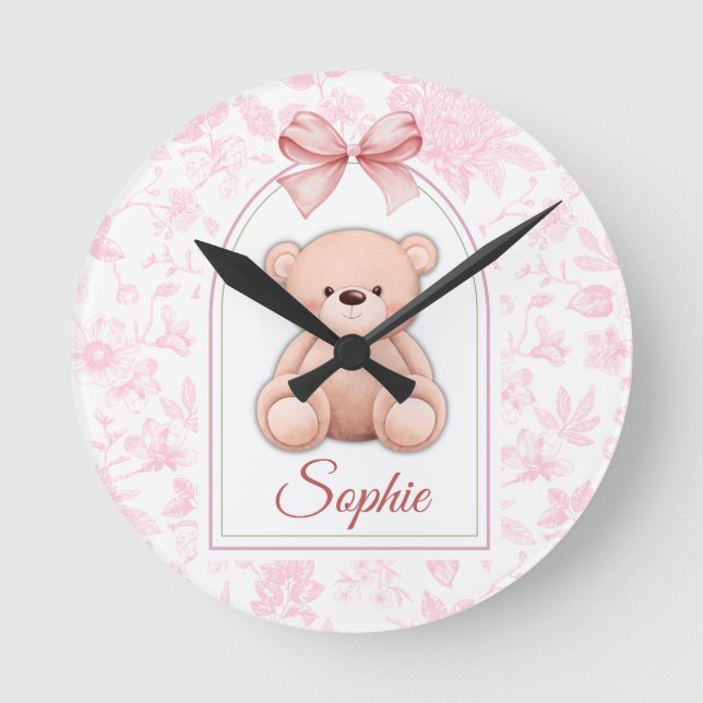 Reloj Redondo Mediano Sophie | Diseño de guardería de osito rosado perso (Anverso)