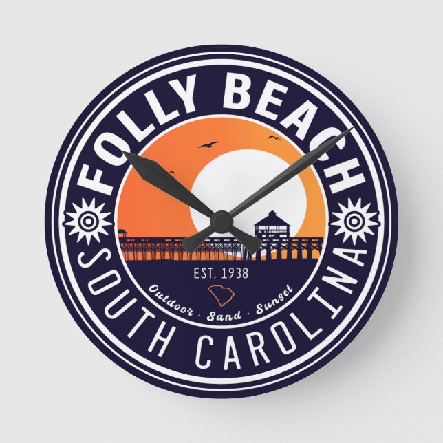 Reloj Redondo Mediano Souvenirs Folly Beach SC Retro Sunset Pier 60 (Anverso)