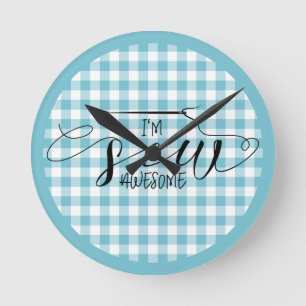 Reloj Redondo Mediano Soy Coser Impresionante Gingham Azul