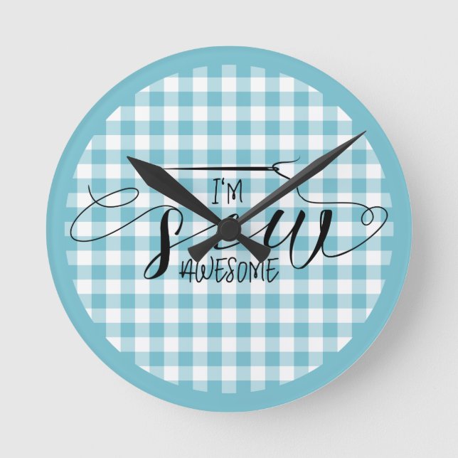 Reloj Redondo Mediano Soy Coser Impresionante Gingham Azul (Anverso)