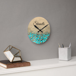 Reloj Redondo Mediano Sparkly Purpurinoso de Leopardo Turquesa