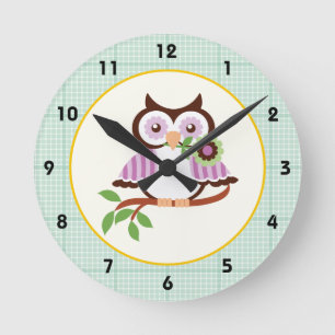Reloj Redondo Mediano Spring owl with mint green plaid border wall clock